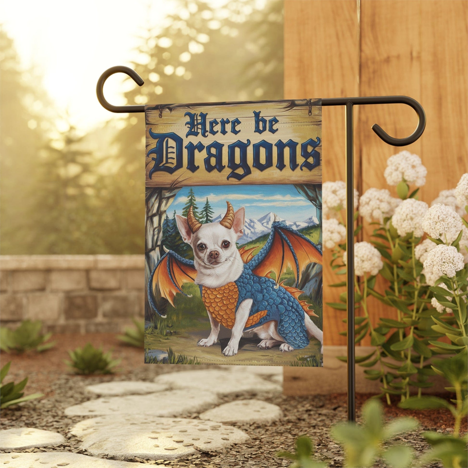 Printify Home Decor White Chihuahua Dog Dragon Garden Flag, Fantasy Pet Yard Spring Decor, Housewarming Gardener Gift, Halloween