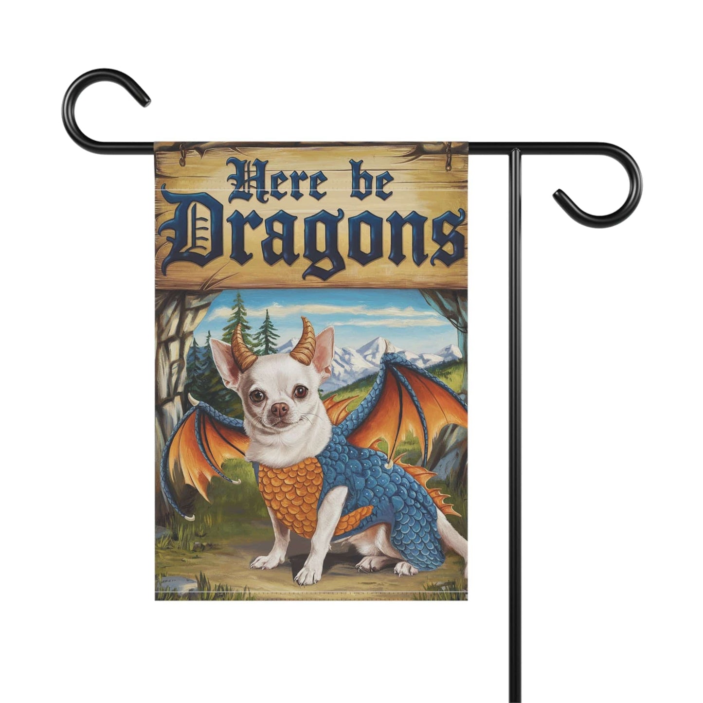 Printify Home Decor White Chihuahua Dog Dragon Garden Flag, Fantasy Pet Yard Spring Decor, Housewarming Gardener Gift, Halloween