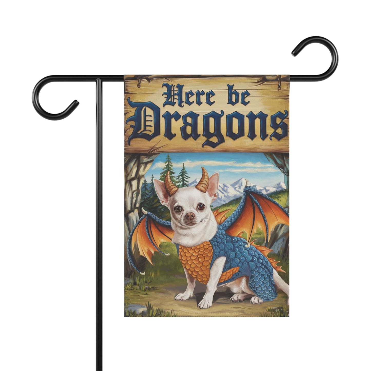 Printify Home Decor 12'' × 18'' White Chihuahua Dog Dragon Garden Flag, Fantasy Pet Yard Spring Decor, Housewarming Gardener Gift, Halloween