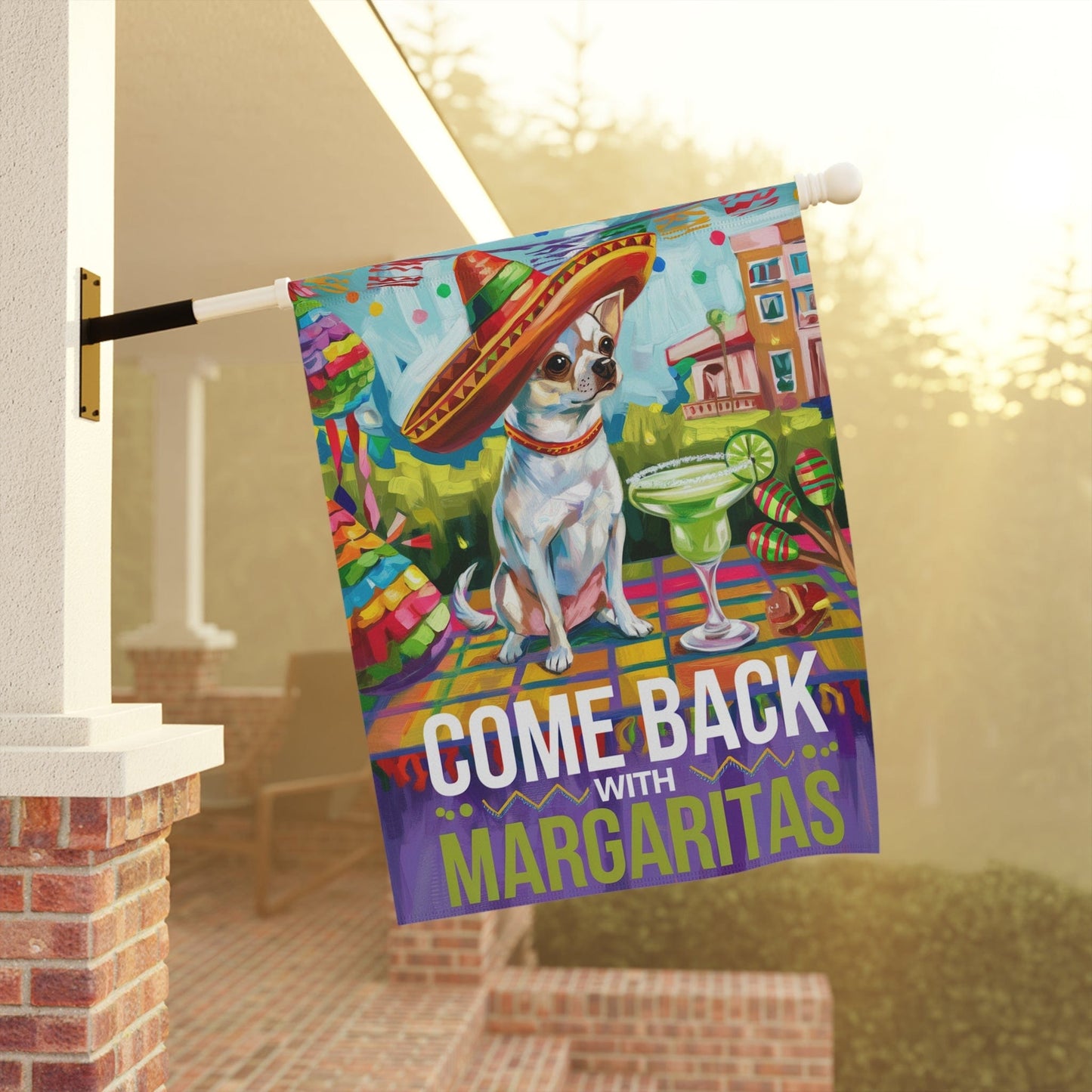 Printify Home Decor White Chihuahua Dog Garden Flag, Cinco de Mayo Fiesta, Margarita Drinking Decor