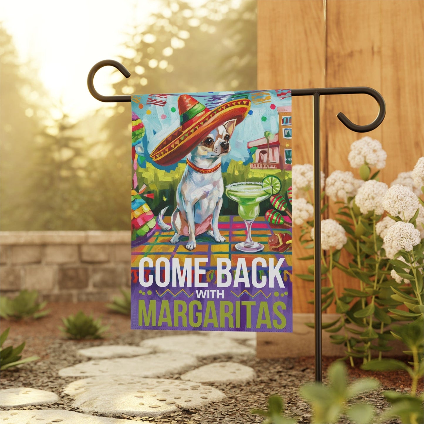 Printify Home Decor White Chihuahua Dog Garden Flag, Cinco de Mayo Fiesta, Margarita Drinking Decor