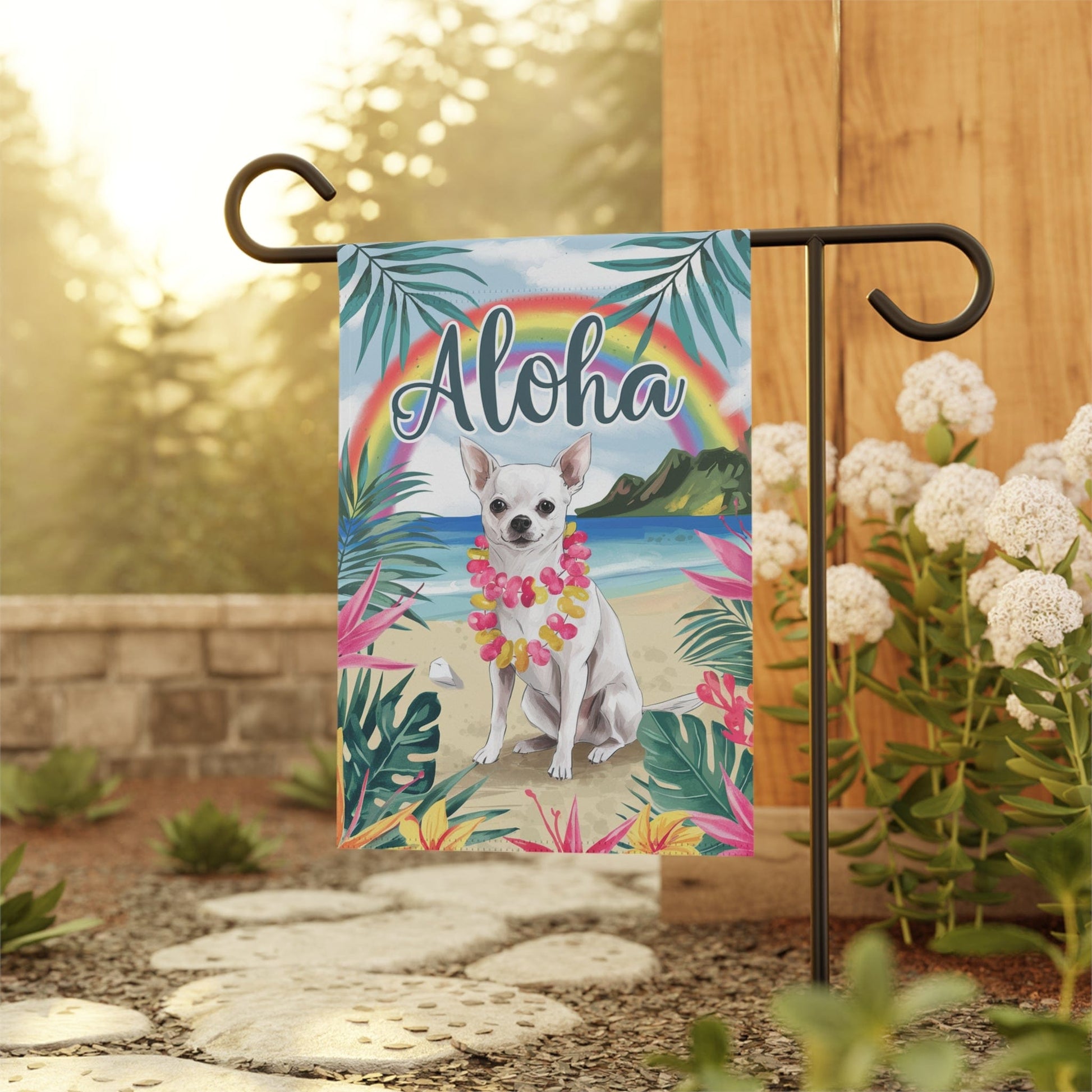 Printify Garden Flag White Chihuahua Hawaii Garden Flag