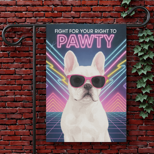 Printify Garden Flag 12'' × 18'' White French Bulldog 80s Party Garden Flag