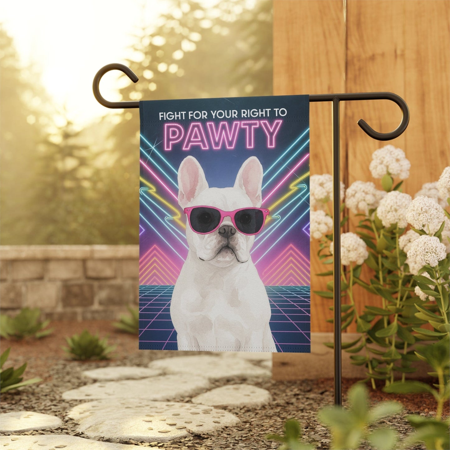 Printify Garden Flag White French Bulldog 80s Party Garden Flag