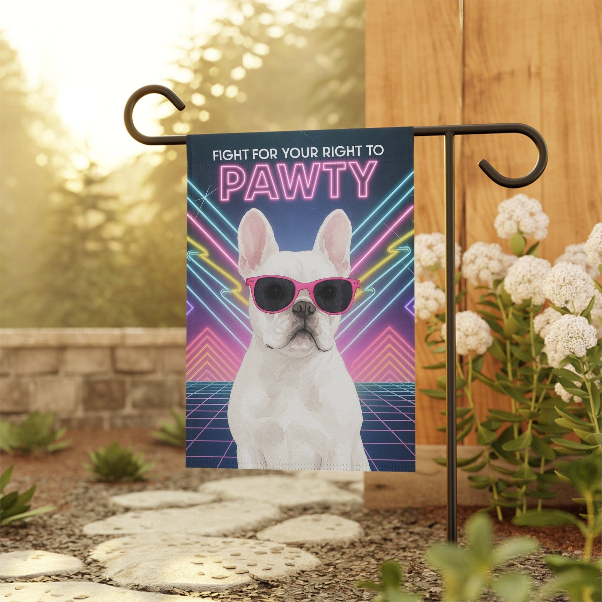 Printify Garden Flag White French Bulldog 80s Party Garden Flag