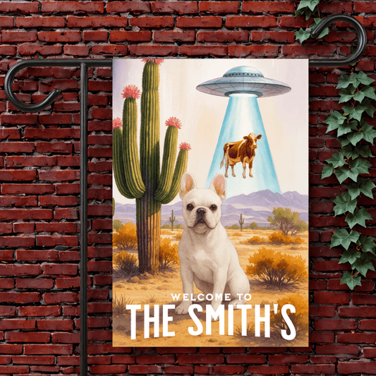 Printify Garden Flag 12'' × 18'' White French Bulldog Aliens Garden Flag