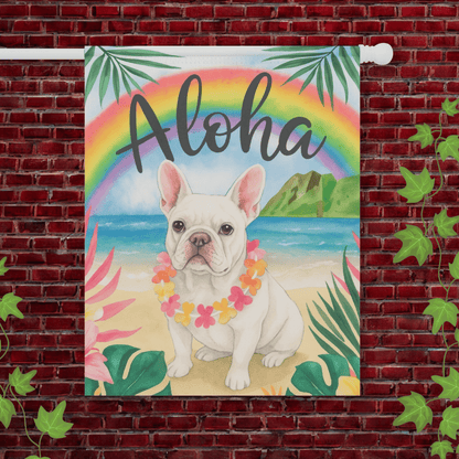 Printify Garden Flag 24.5'' × 32'' White French Bulldog Aloha Garden Flag