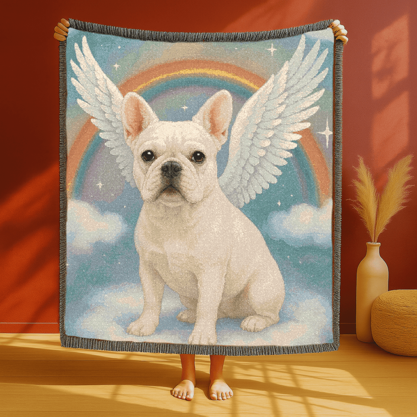 Printify Blanket White French Bulldog Angel Woven Blanket