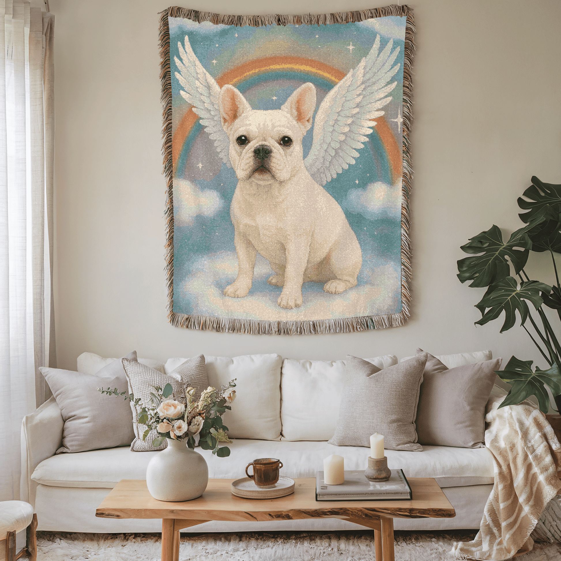 Printify Blanket White French Bulldog Angel Woven Blanket