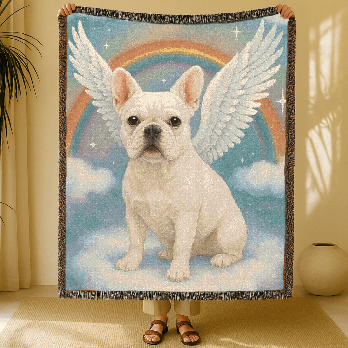 Printify Blanket White French Bulldog Angel Woven Blanket