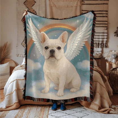 Printify Blanket White French Bulldog Angel Woven Blanket