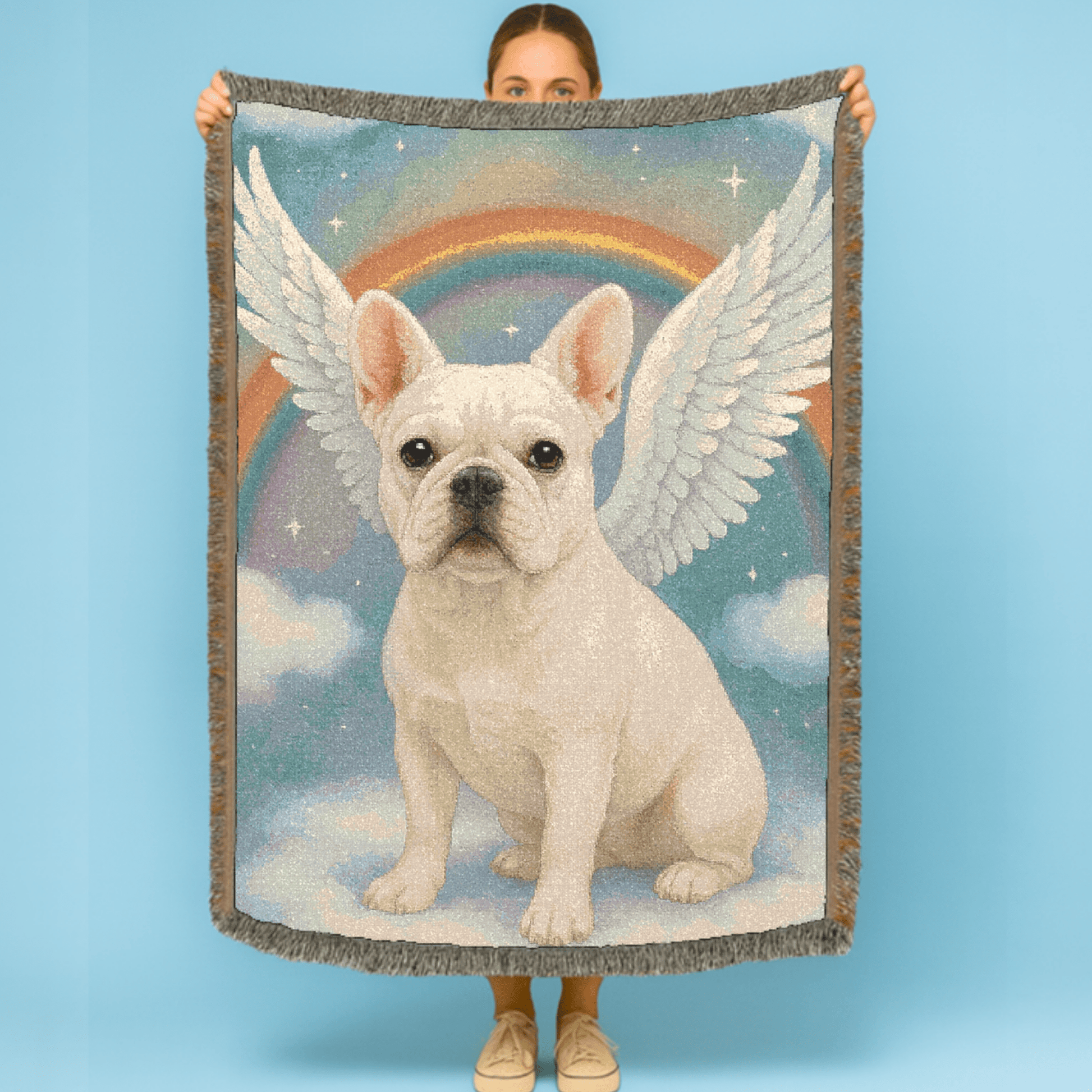 Printify Blanket White French Bulldog Angel Woven Blanket