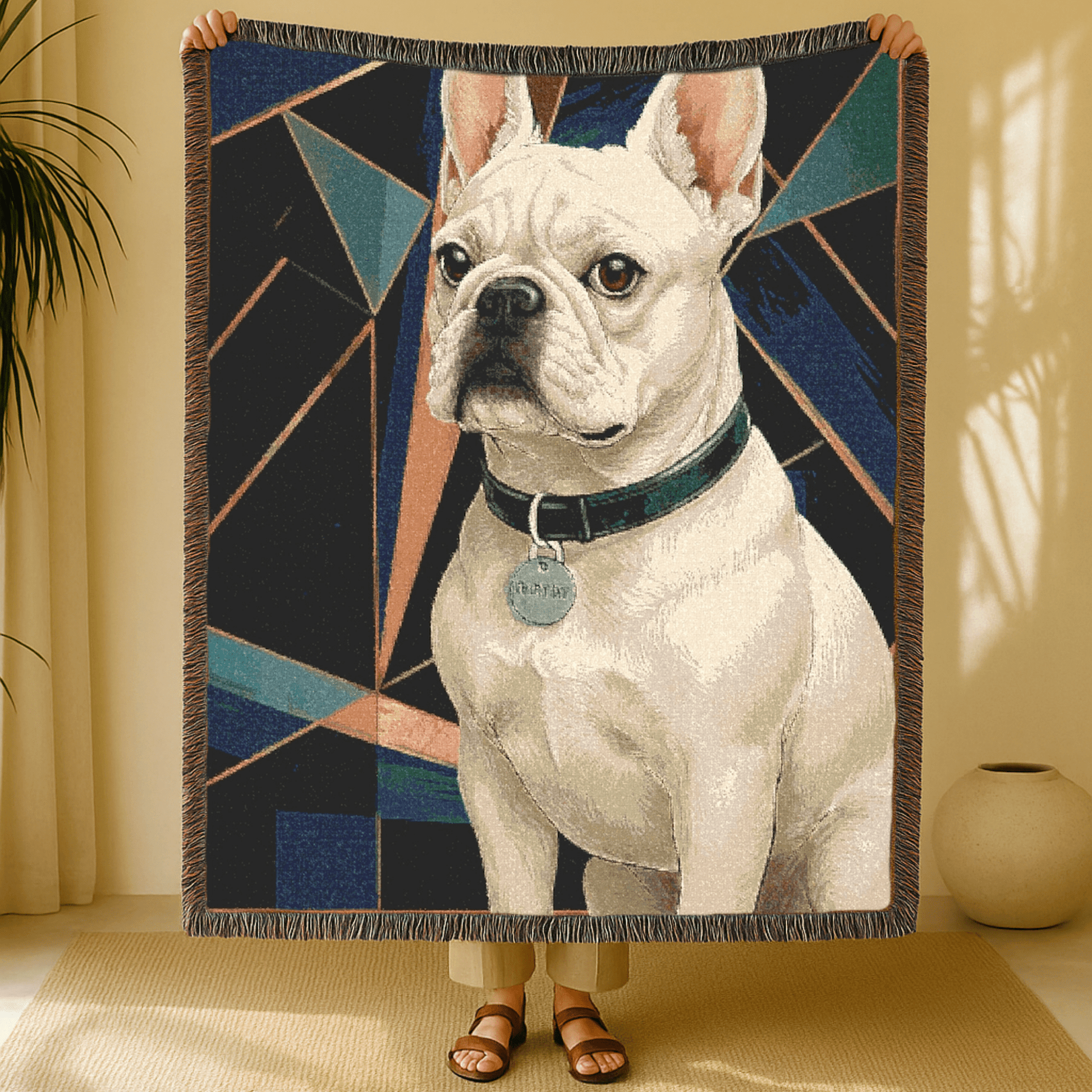 Printify Blanket White French Bulldog Art Deco Woven Blanket