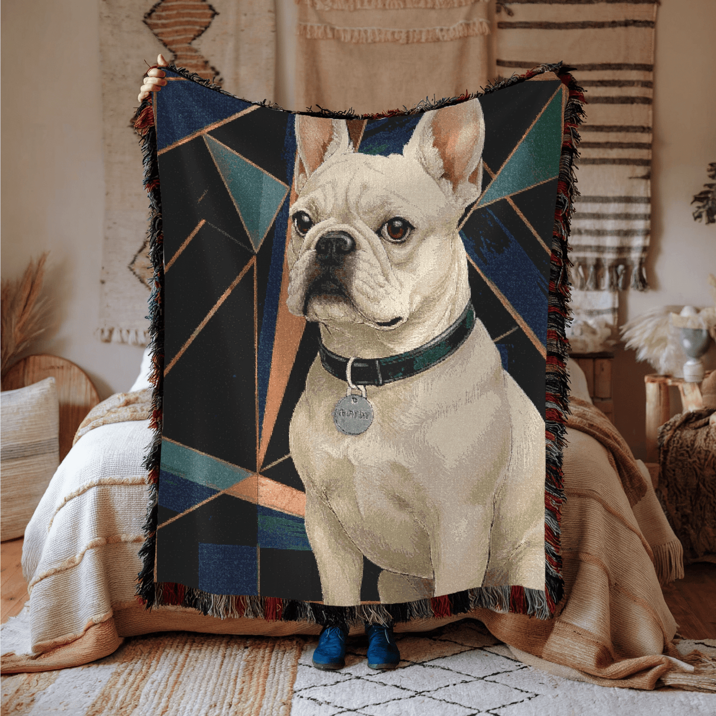Printify Blanket White French Bulldog Art Deco Woven Blanket