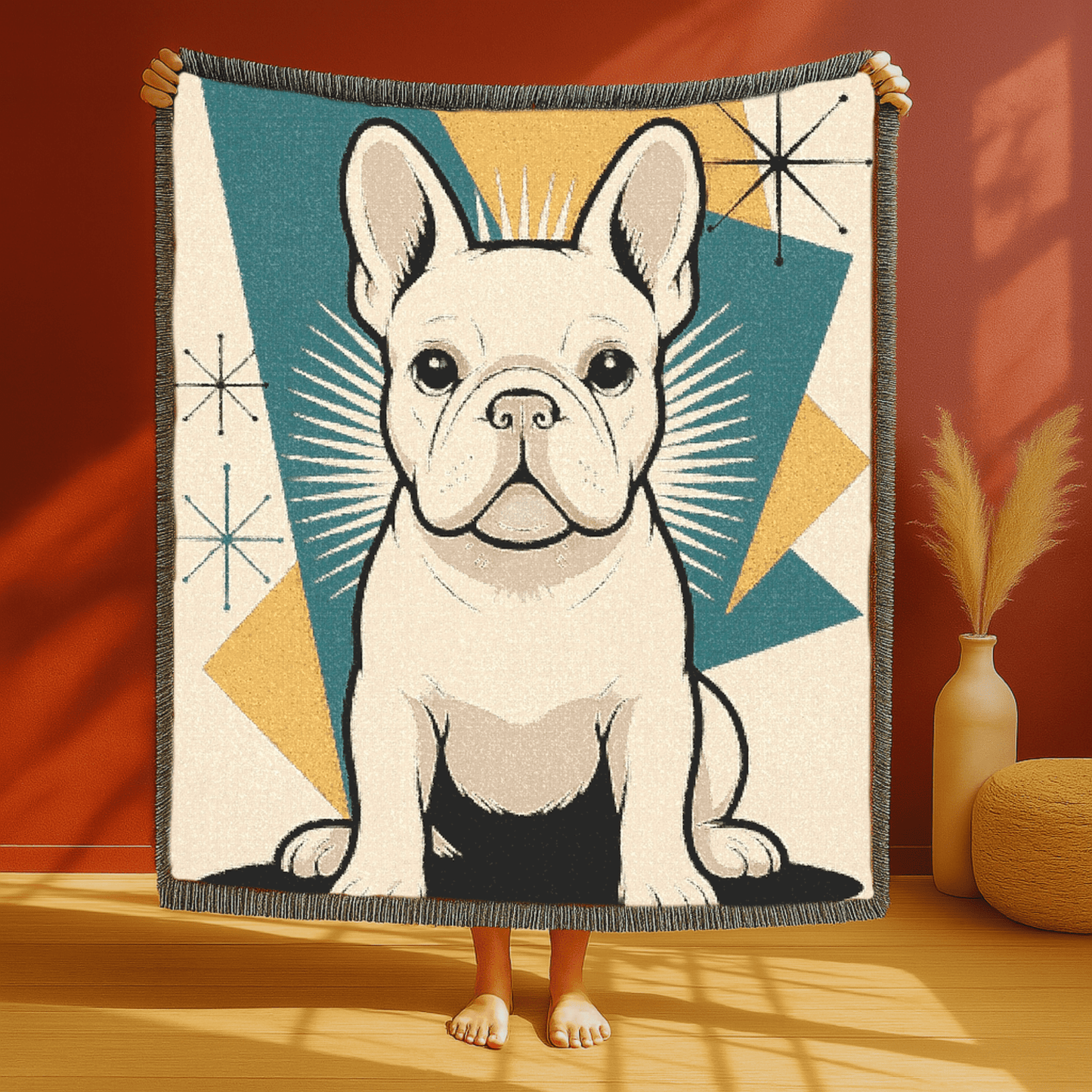 Printify Blanket White French Bulldog Atomic Mid Century Modern Throw Blanket