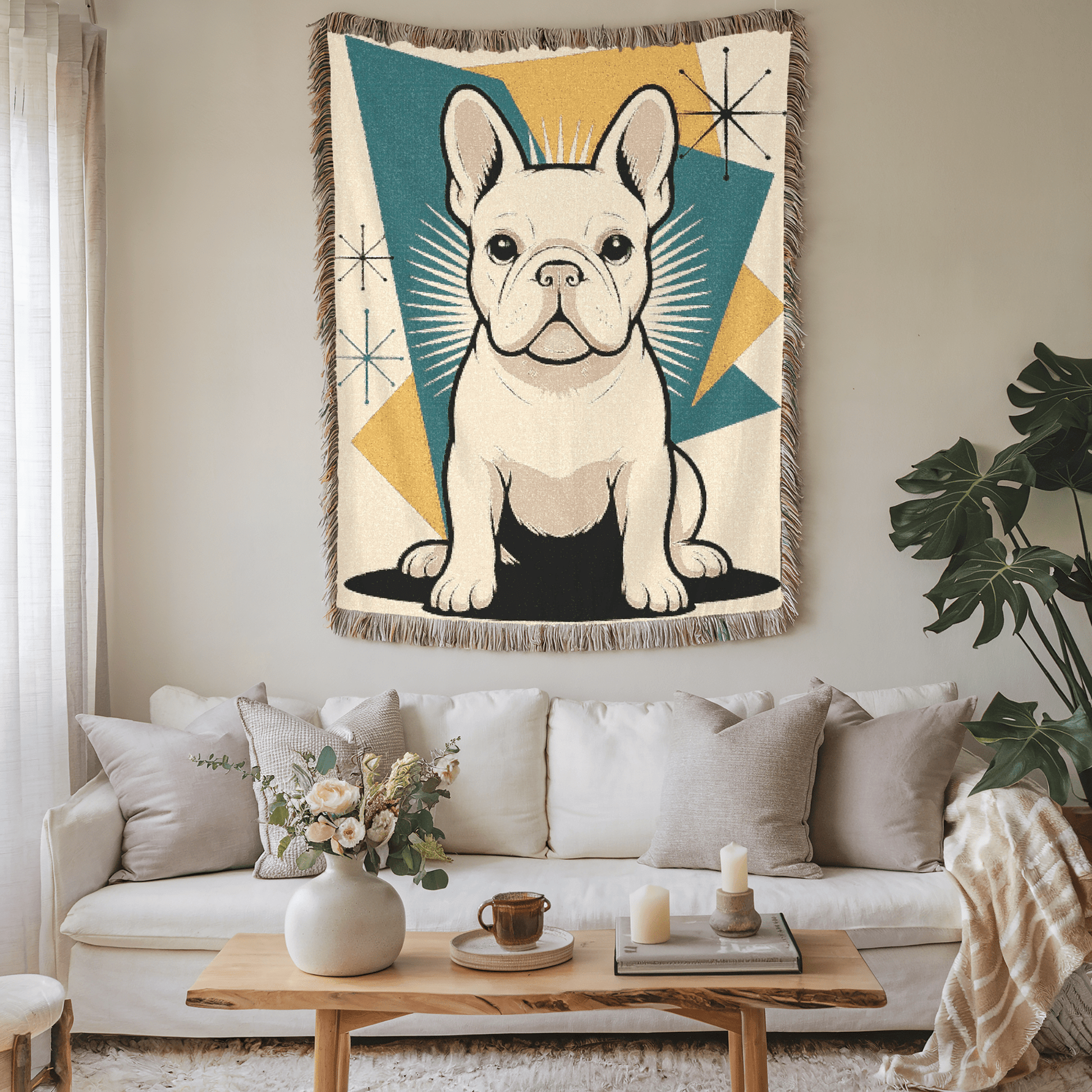 Printify Blanket White French Bulldog Atomic Mid Century Modern Throw Blanket