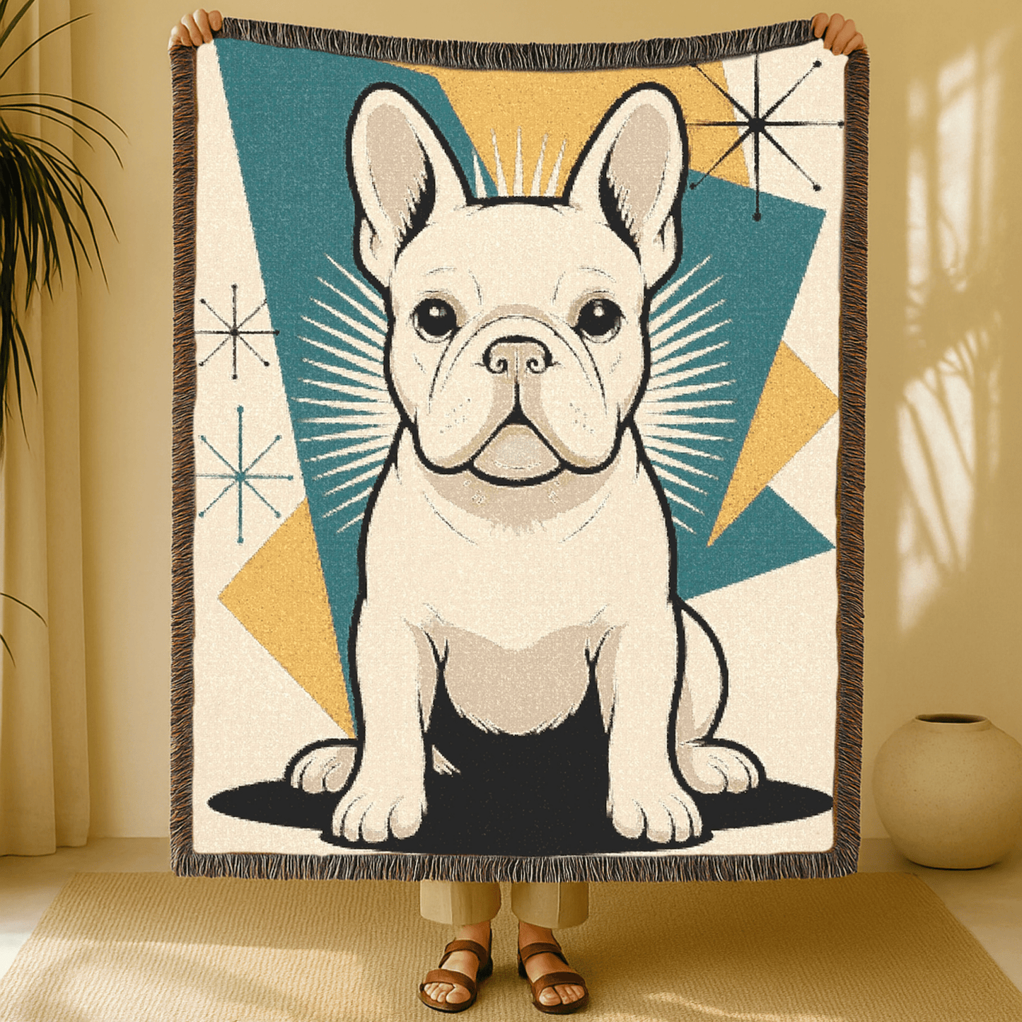 Printify Blanket White French Bulldog Atomic Mid Century Modern Throw Blanket