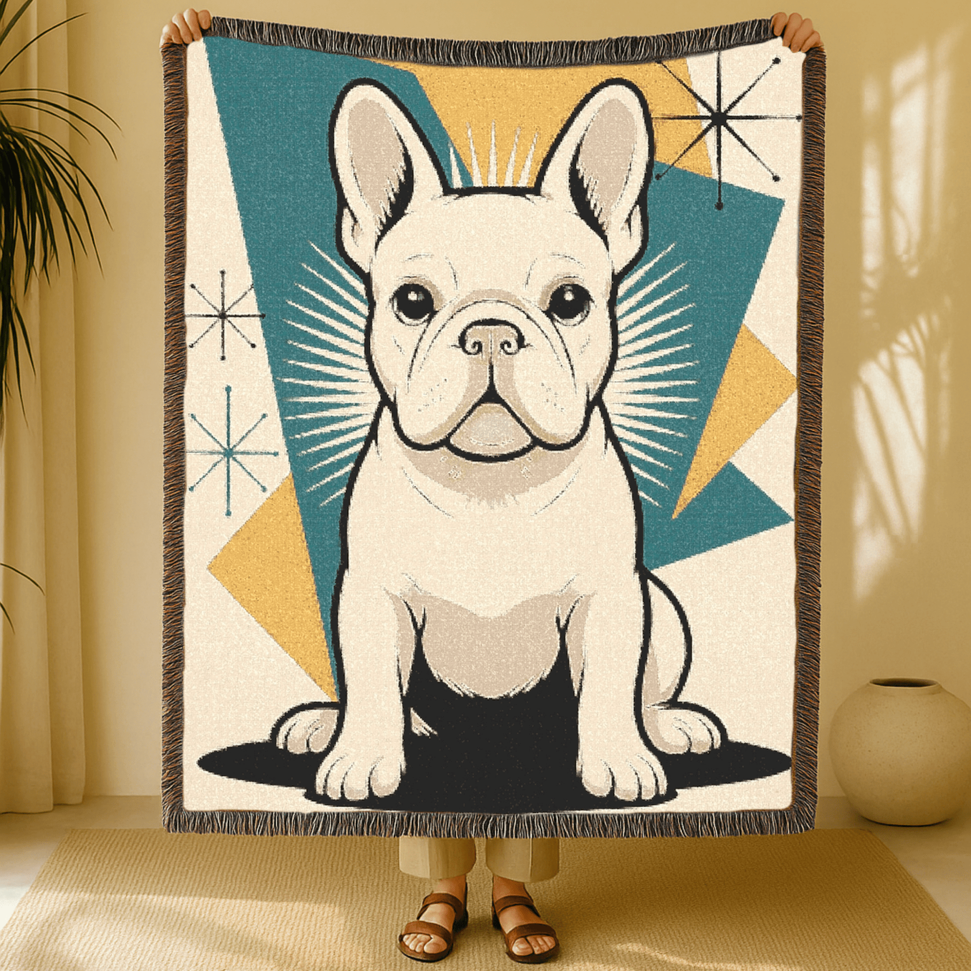 Printify Blanket White French Bulldog Atomic Mid Century Modern Throw Blanket