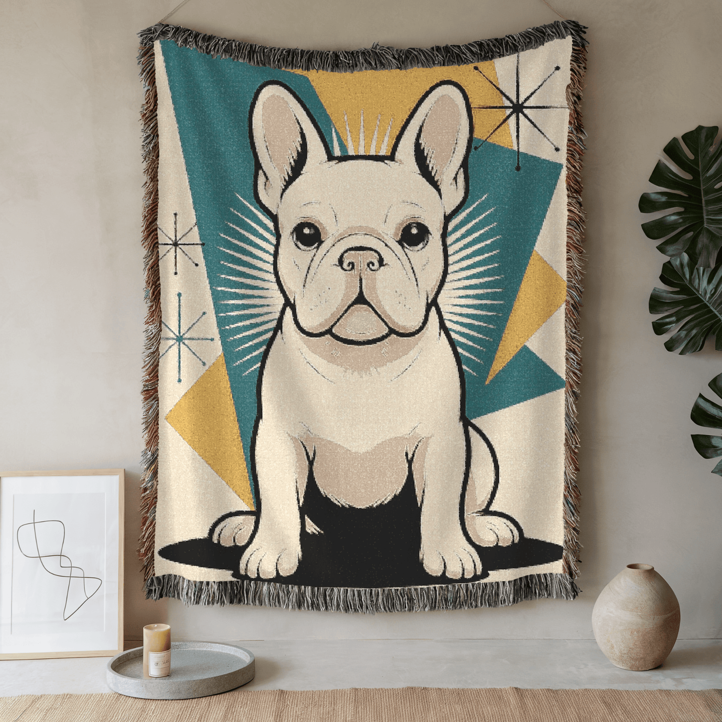 Printify Blanket 52'' × 37'' White French Bulldog Atomic Mid Century Modern Throw Blanket