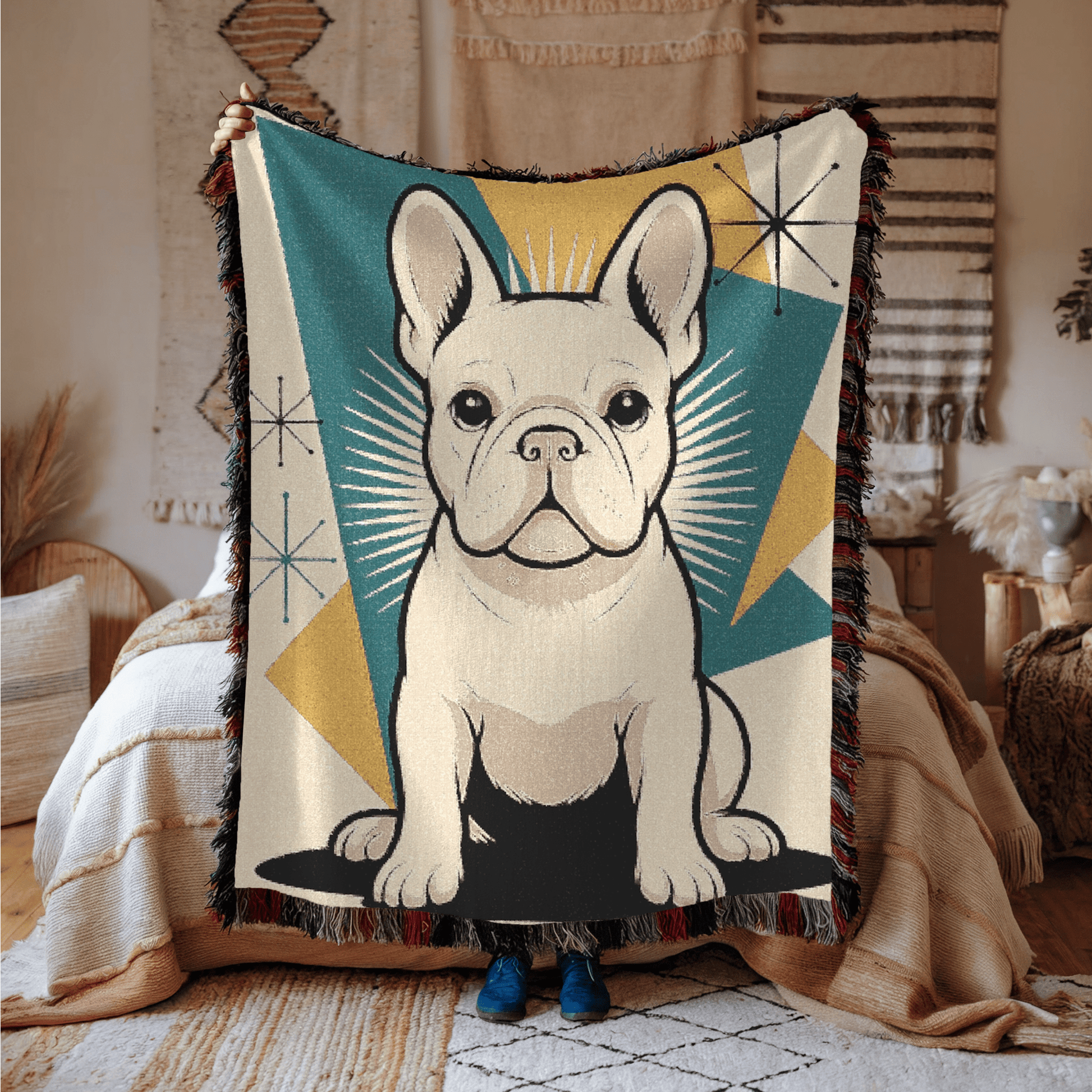 Printify Blanket White French Bulldog Atomic Mid Century Modern Throw Blanket