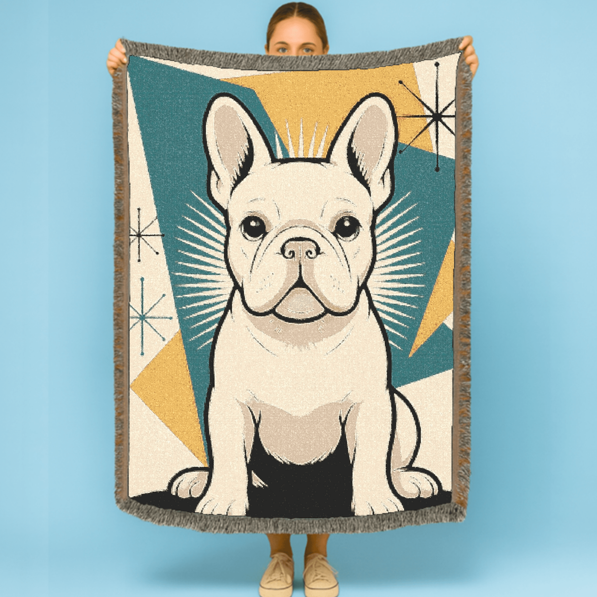 Printify Blanket White French Bulldog Atomic Mid Century Modern Throw Blanket