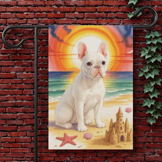Printify Garden Flag 12'' × 18'' White French Bulldog Beach Garden Flag