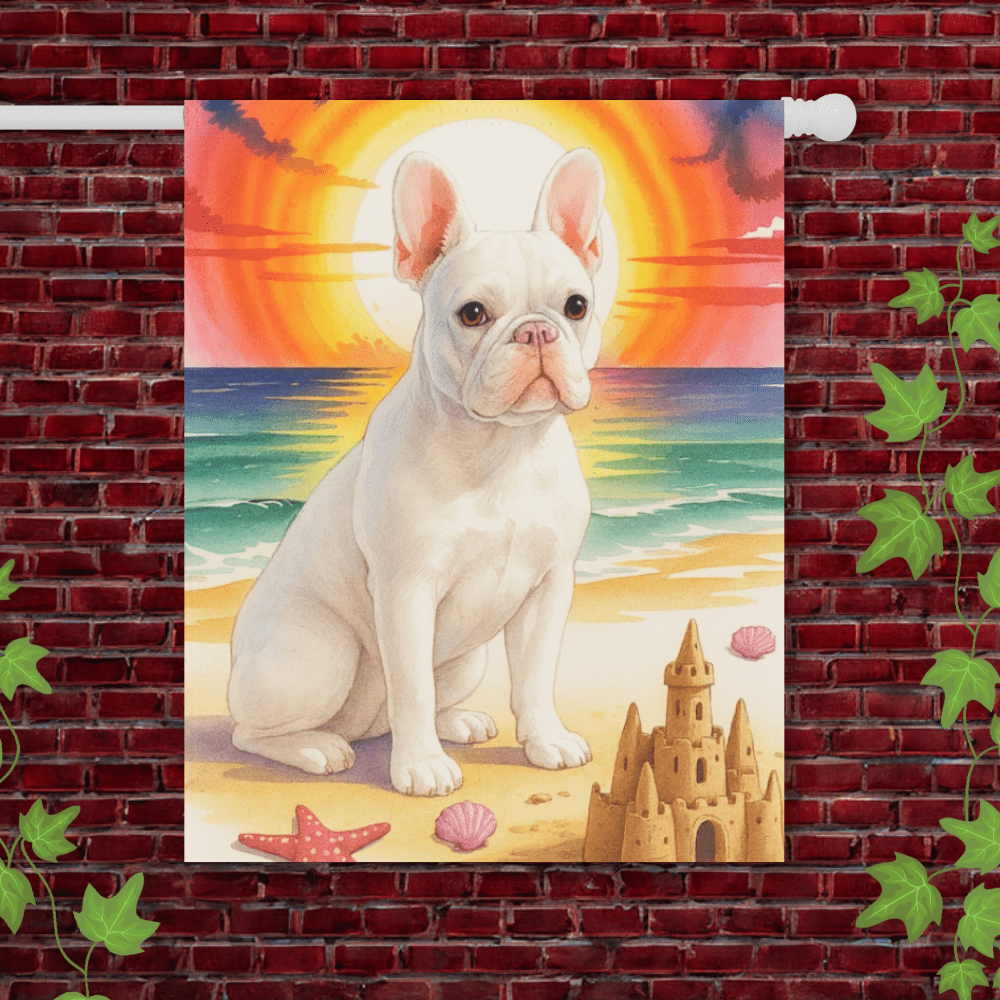 Printify Garden Flag 24.5'' × 32'' White French Bulldog Beach Garden Flag