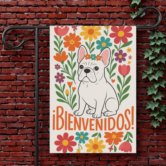 Printify Garden Flag 12'' × 18'' White French Bulldog Bienvenidos Garden Flag