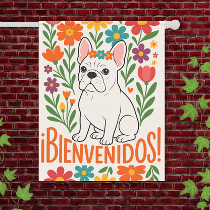 Printify Garden Flag 24.5'' × 32'' White French Bulldog Bienvenidos Garden Flag
