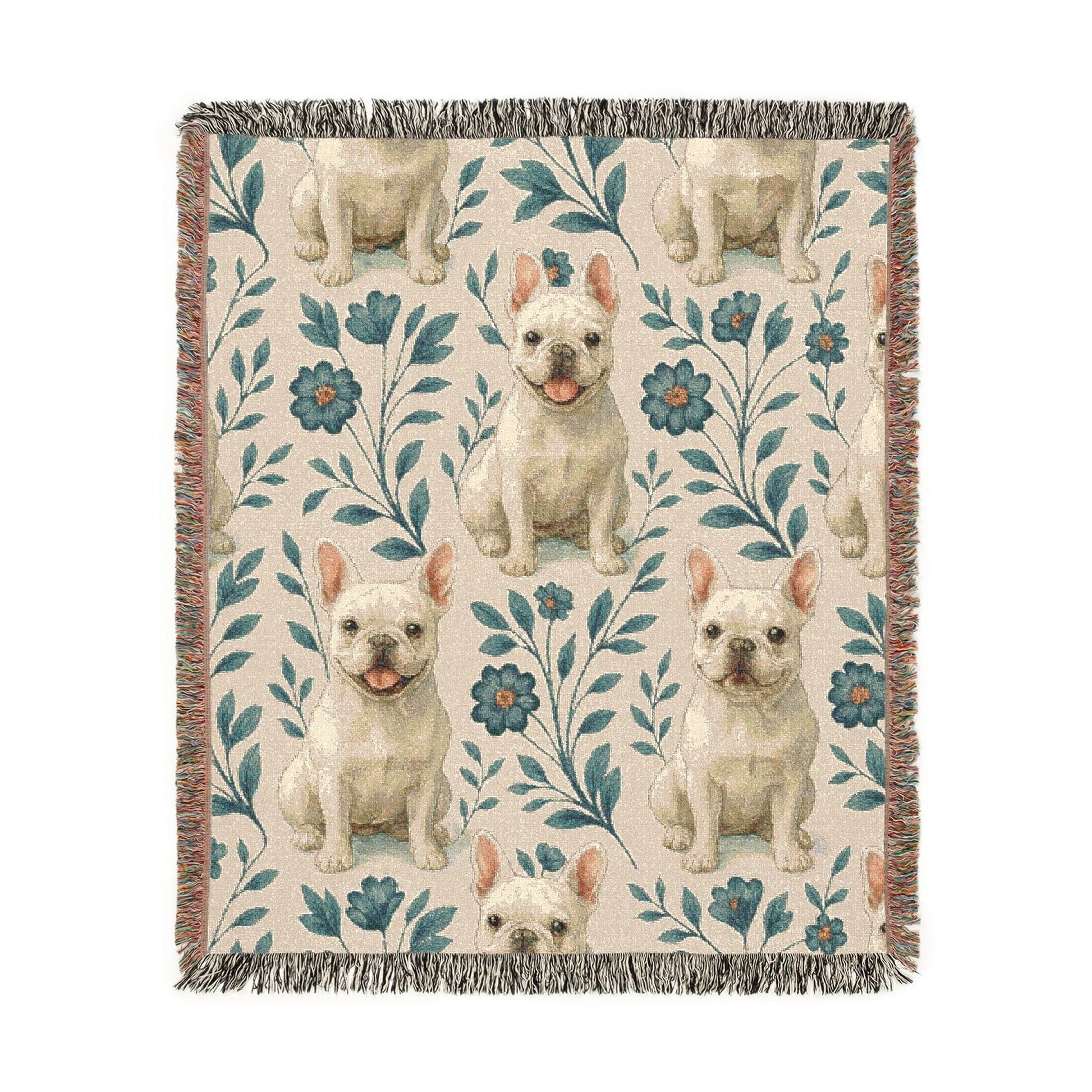 Printify Blanket White French Bulldog Blue Floral Throw Blanket