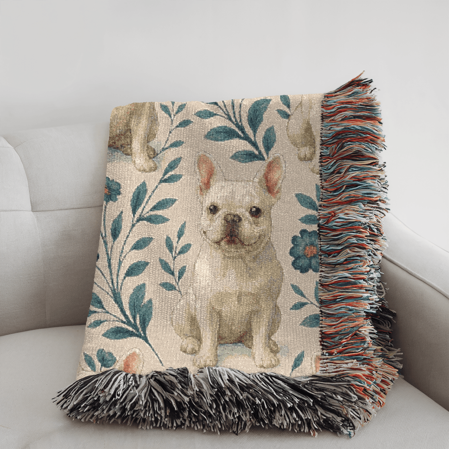 Printify Blanket White French Bulldog Blue Floral Throw Blanket
