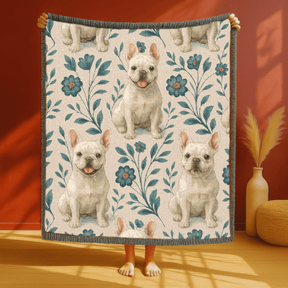 Printify Blanket White French Bulldog Blue Floral Throw Blanket