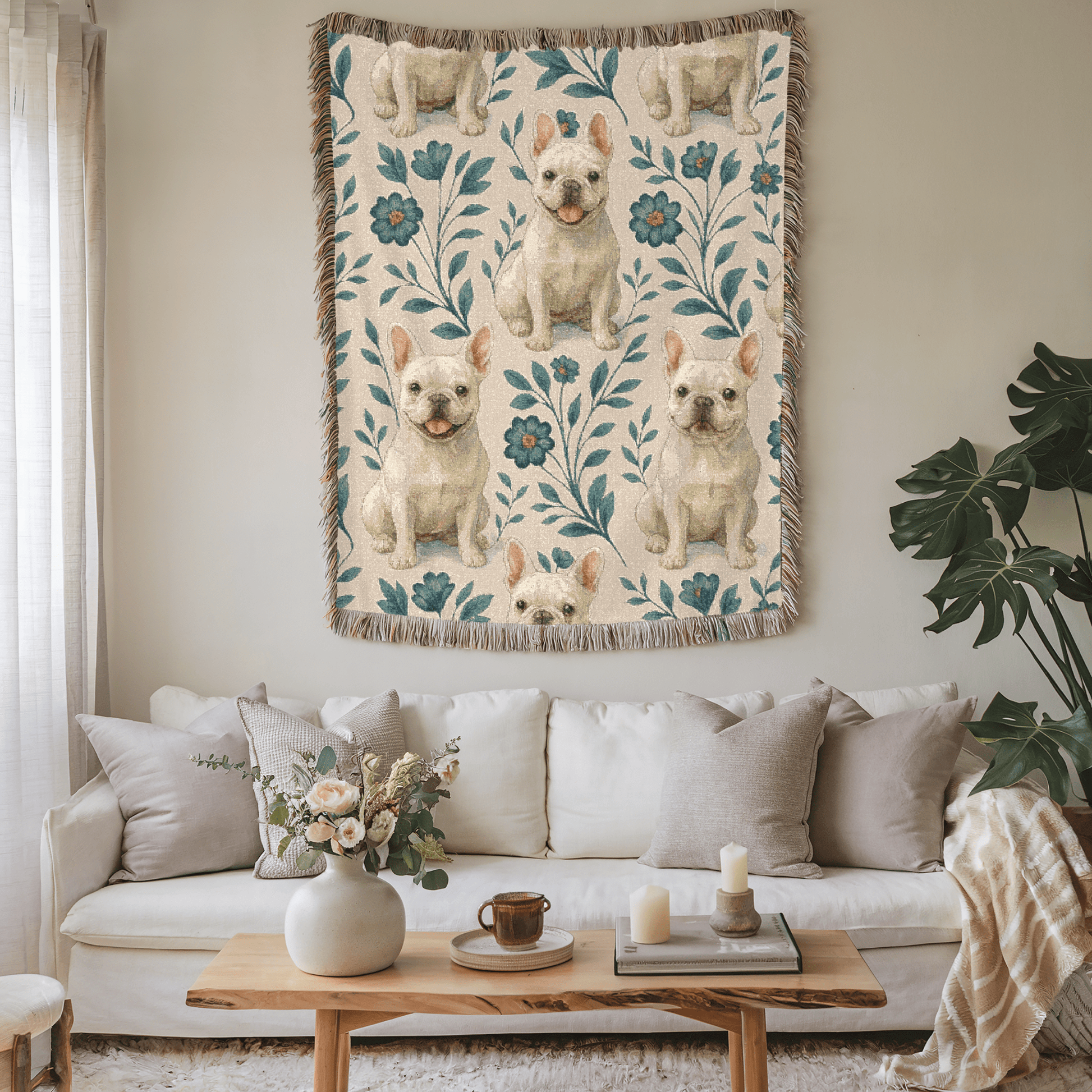 Printify Blanket White French Bulldog Blue Floral Throw Blanket