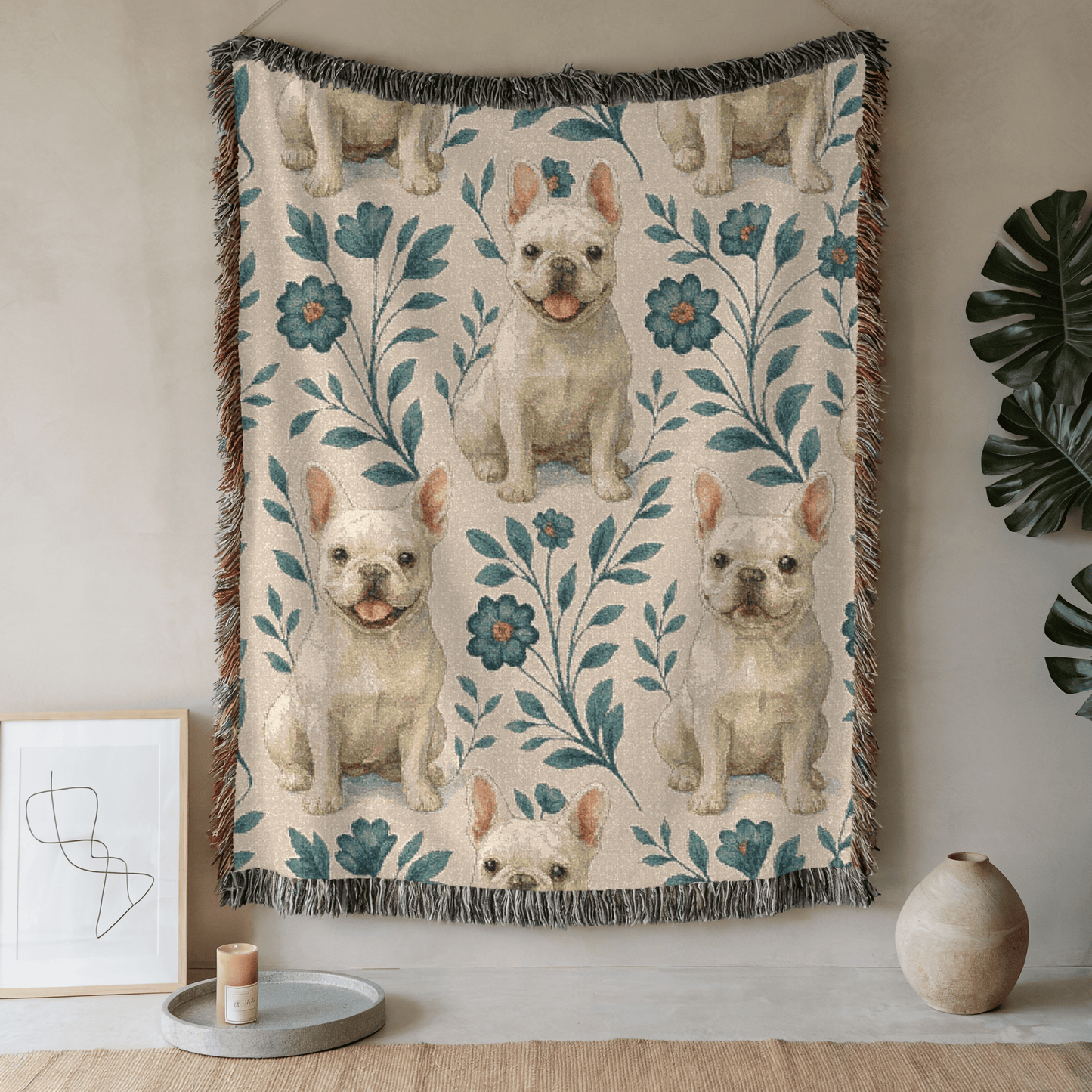 Printify Blanket 52'' × 37'' White French Bulldog Blue Floral Throw Blanket