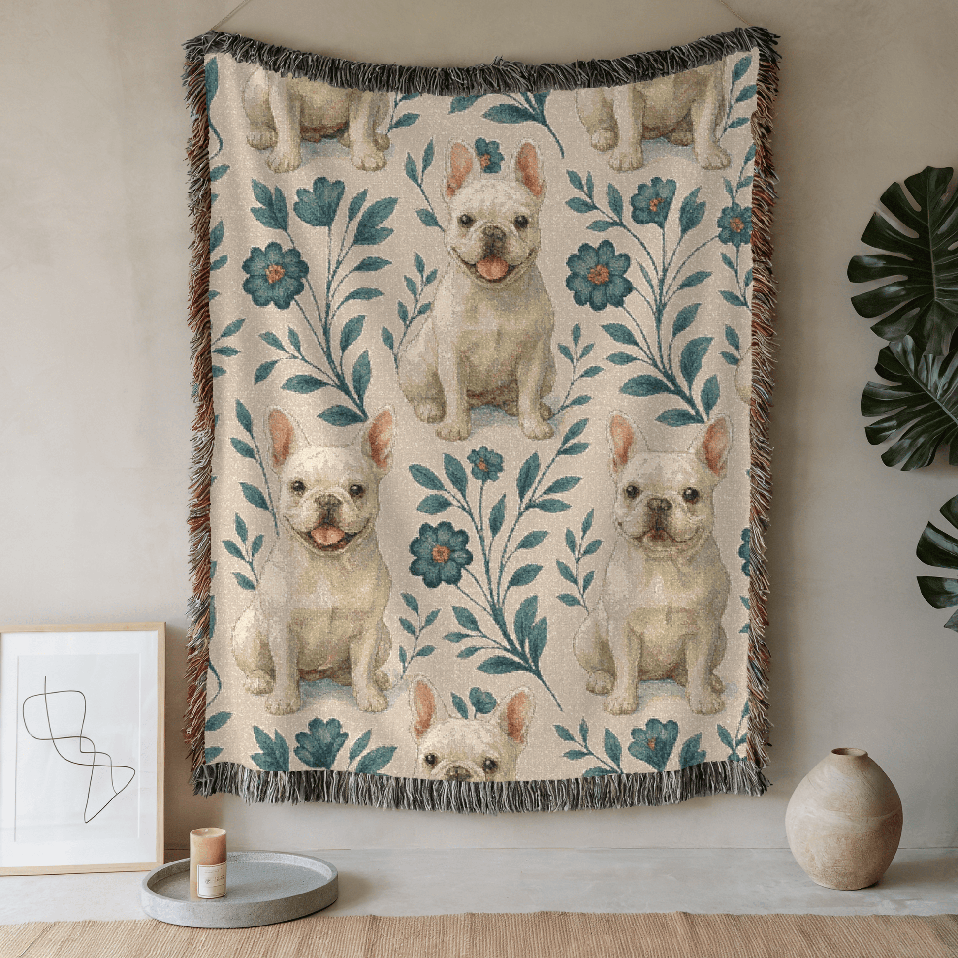 Printify Blanket 52'' × 37'' White French Bulldog Blue Floral Throw Blanket
