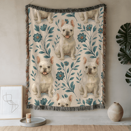 Printify Blanket 52'' × 37'' White French Bulldog Blue Floral Throw Blanket