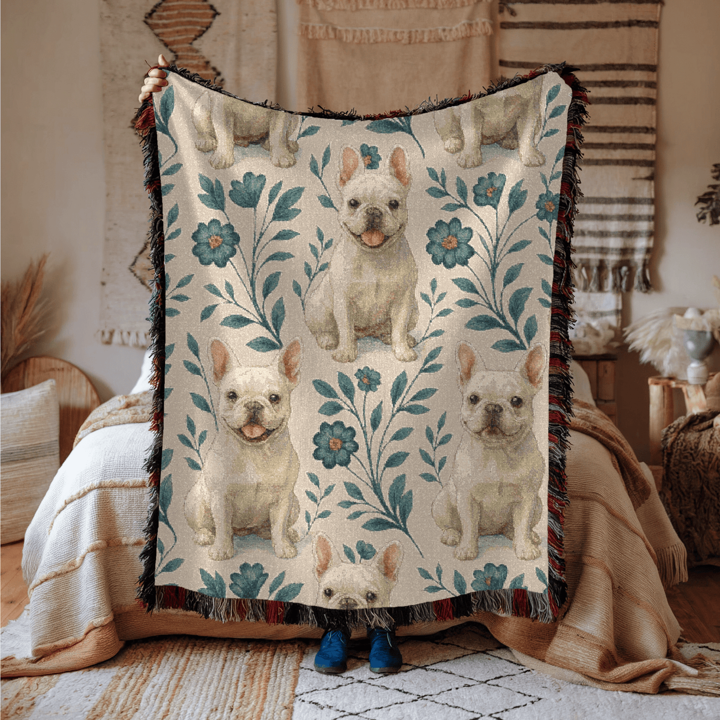 Printify Blanket White French Bulldog Blue Floral Throw Blanket