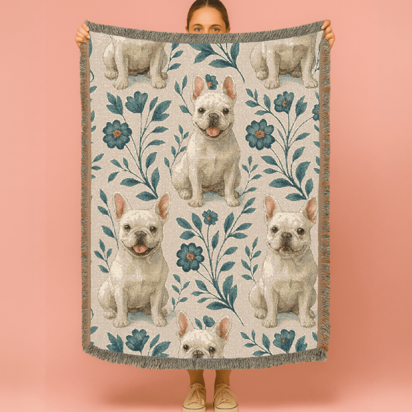 Printify Blanket White French Bulldog Blue Floral Throw Blanket