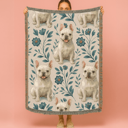 Printify Blanket White French Bulldog Blue Floral Throw Blanket