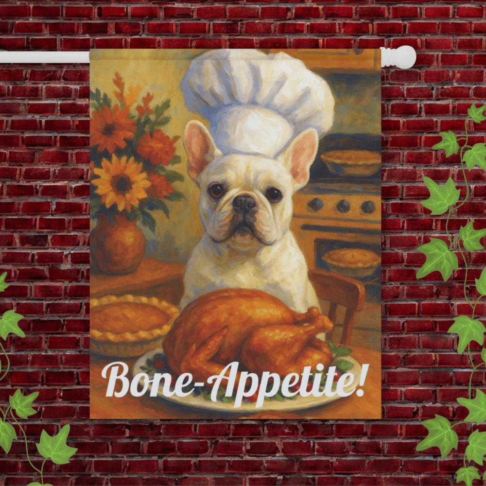 White French Bulldog Bone-Appetite Garden Flag 24.5'' × 32''