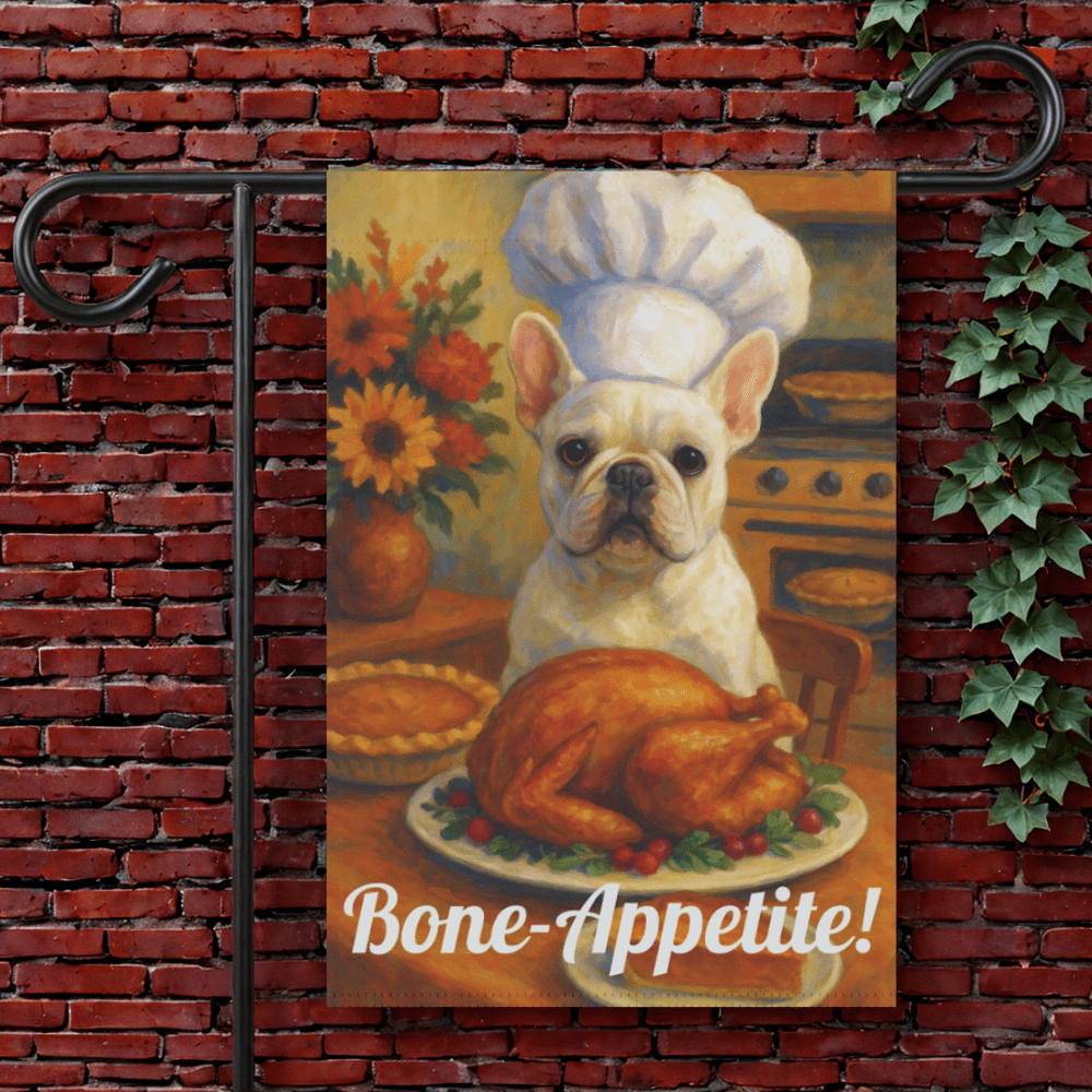 White French Bulldog Bone-Appetite Garden Flag 12'' × 18''