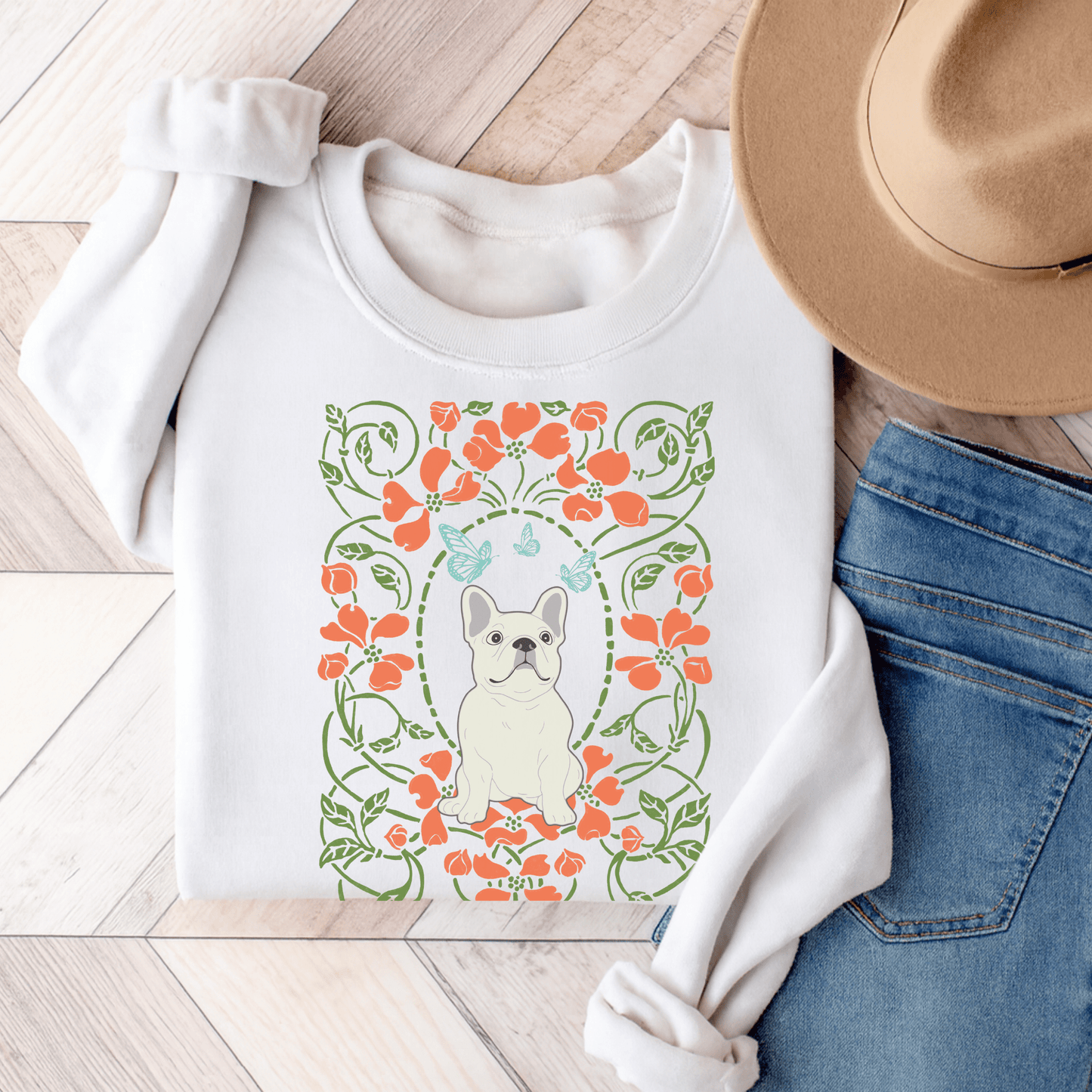 White French Bulldog Butterfly Frame Sweatshirt White
