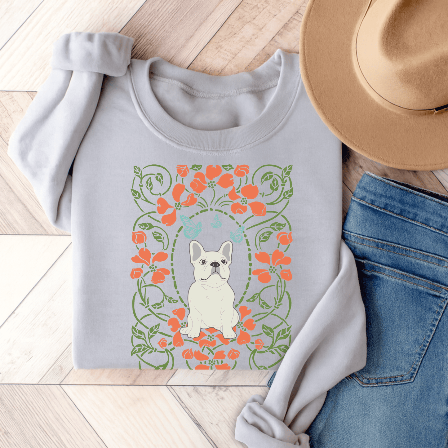 White French Bulldog Butterfly Frame Sweatshirt Ash