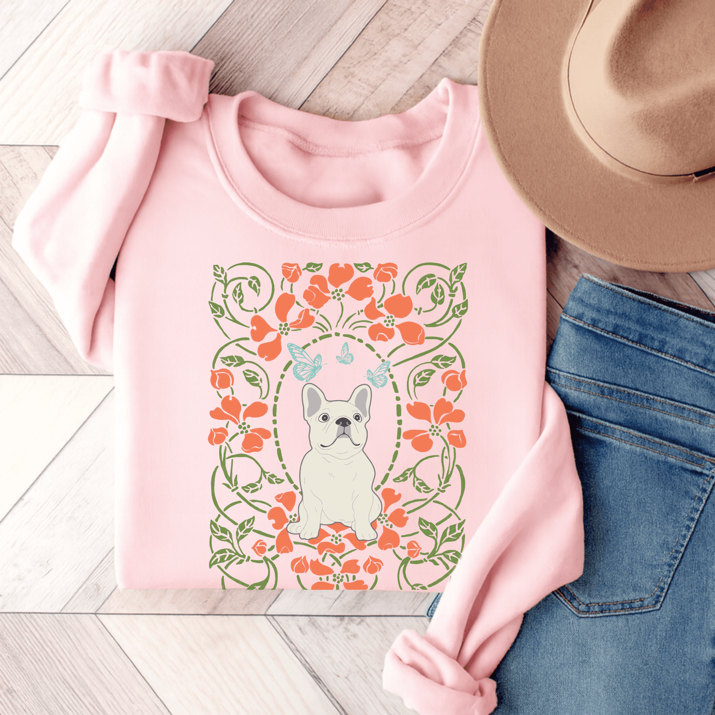White French Bulldog Butterfly Frame Sweatshirt Light Pink