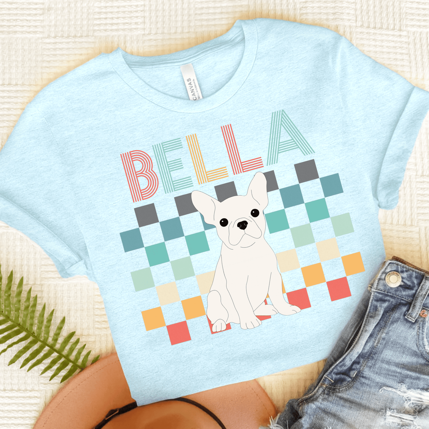Printify T-Shirt Heather Ice Blue / S White French Bulldog Checkered Tee