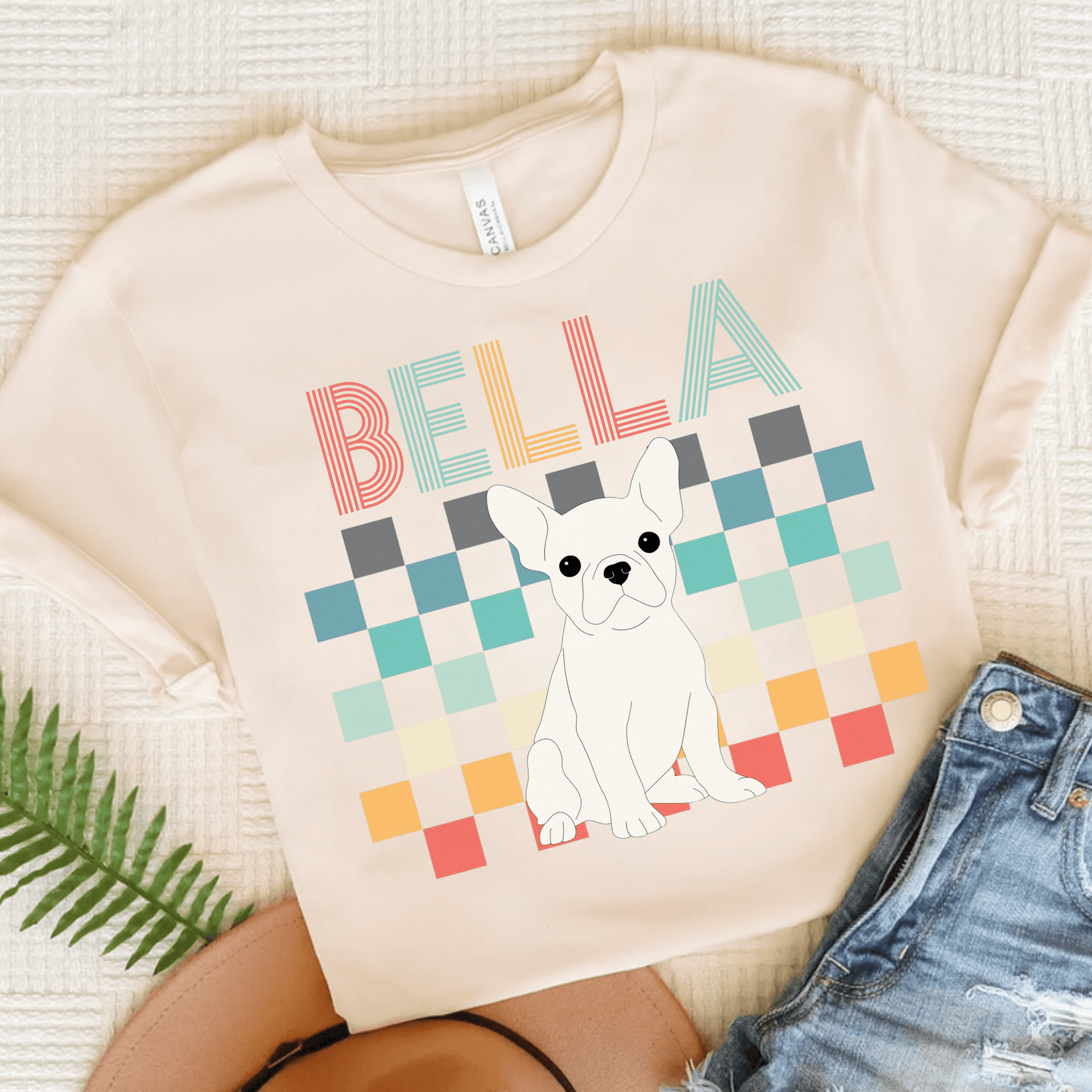 Printify T-Shirt Natural / S White French Bulldog Checkered Tee