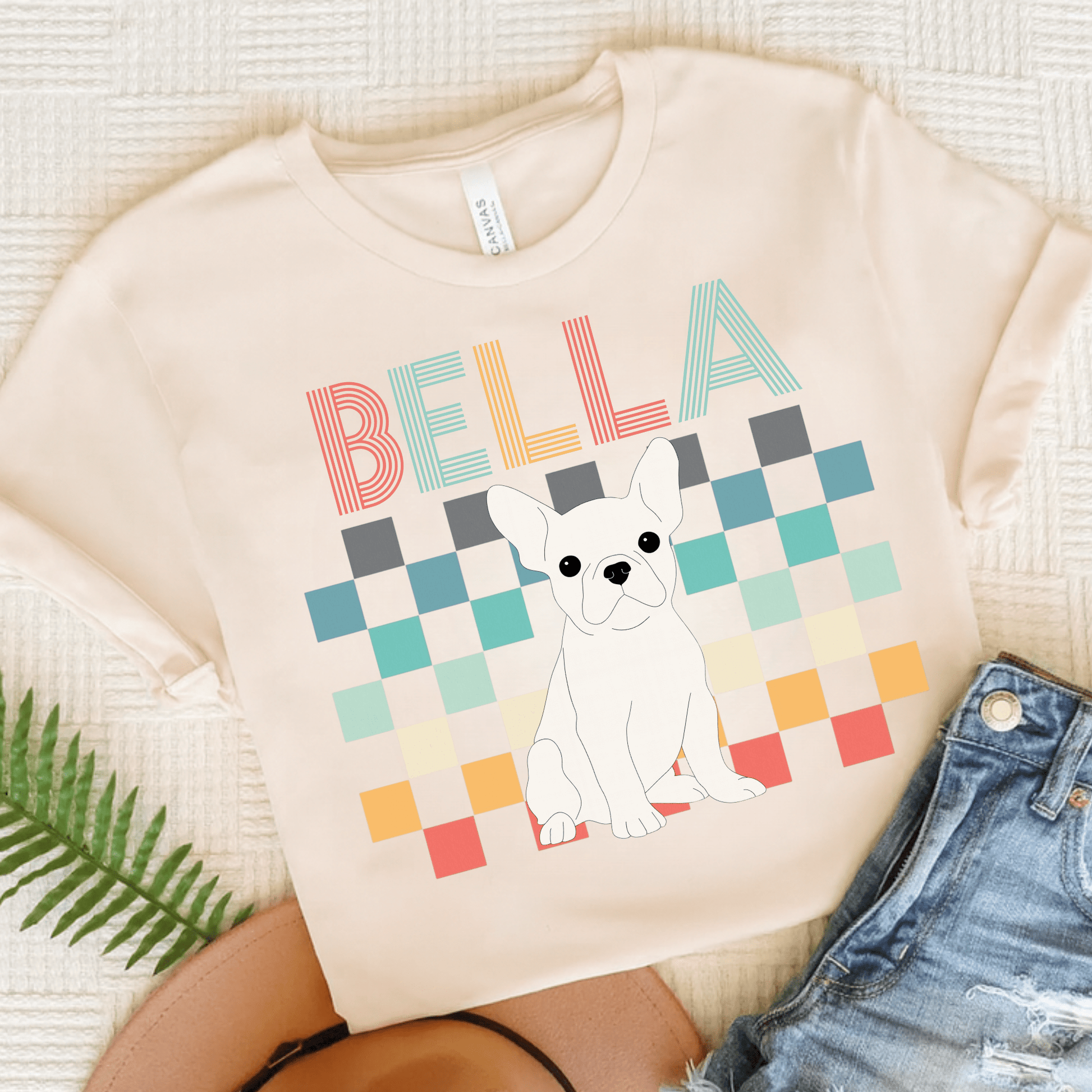 Printify T-Shirt Natural / S White French Bulldog Checkered Tee