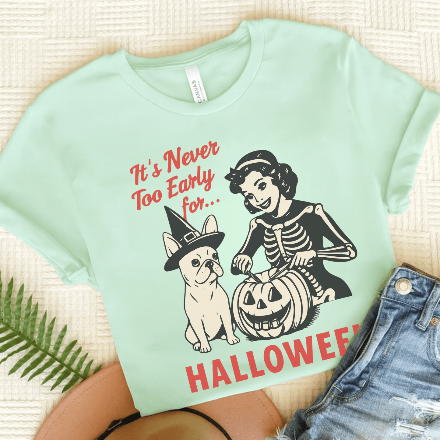 White French Bulldog Early Halloween TShirt Heather Mint