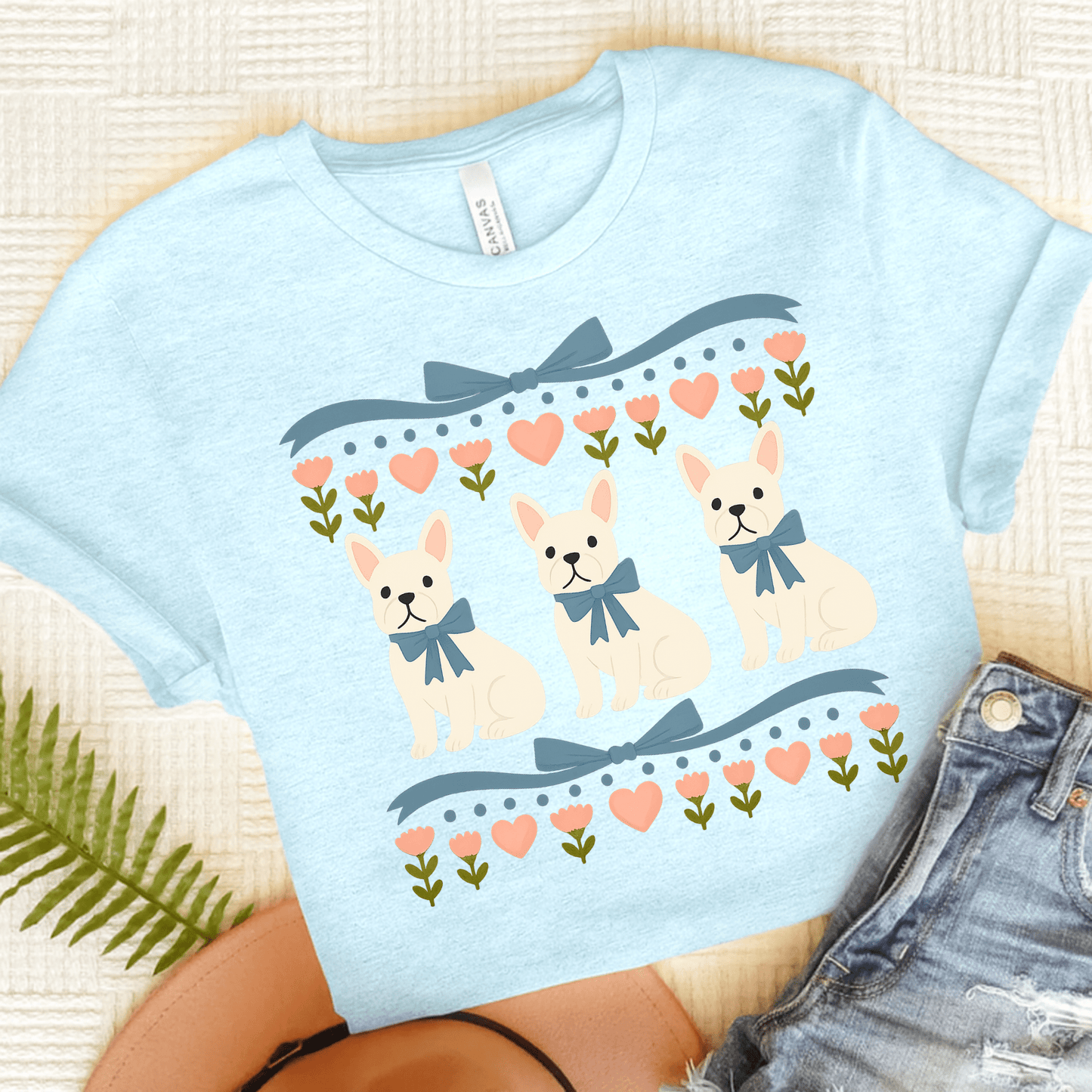 White French Bulldog Grandma TShirt Heather Ice Blue
