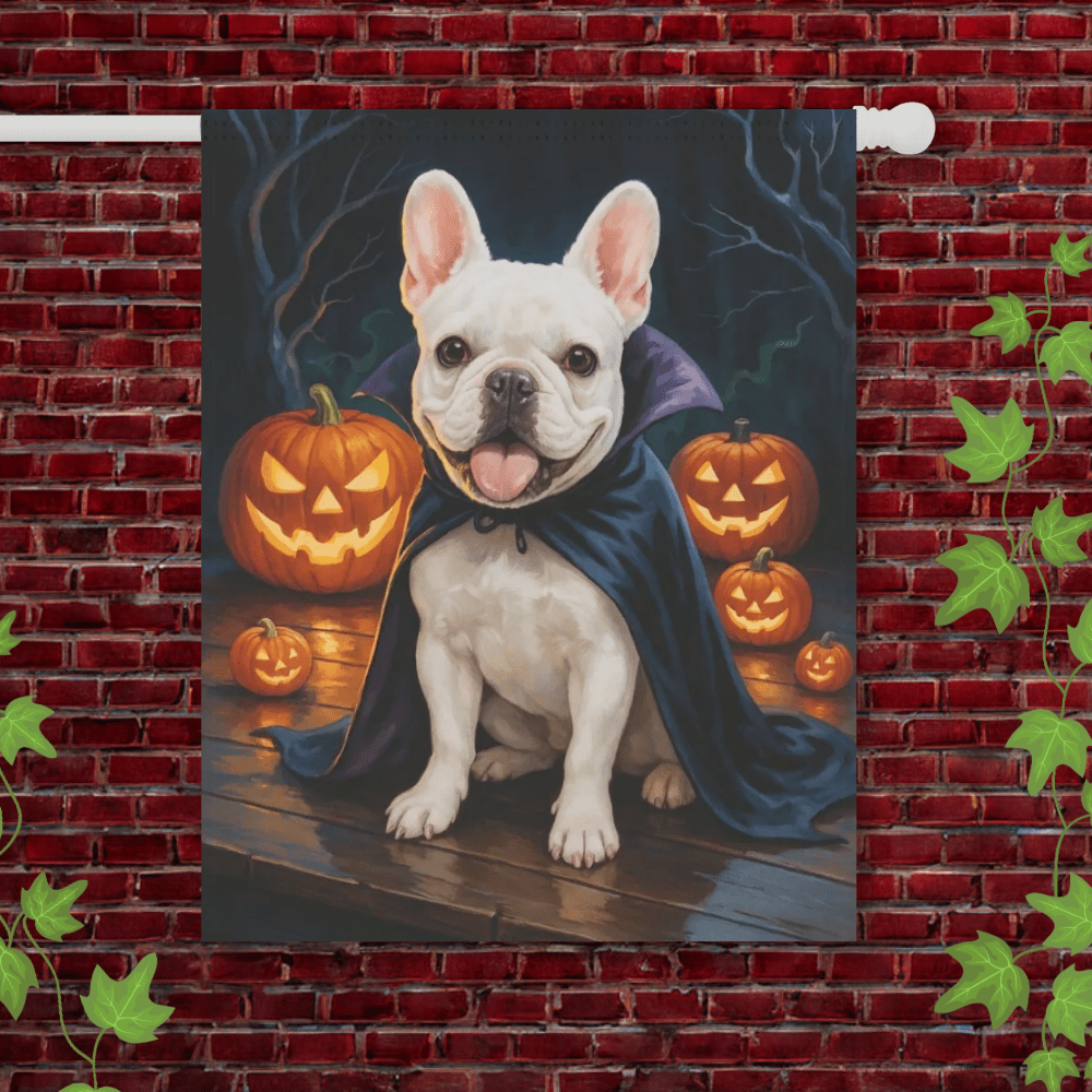 Printify Garden Flag 24.5'' × 32'' White French Bulldog Halloween Garden Flag
